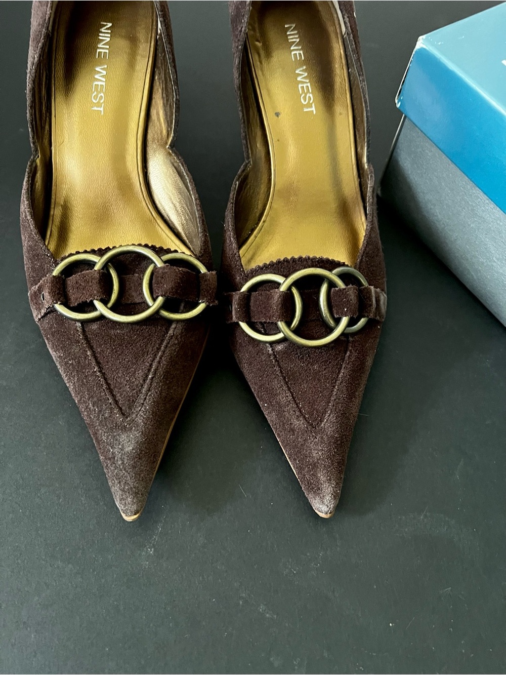 Nine West Woman’s Brown Suede Pointed Kitten Heels with Brass Rings